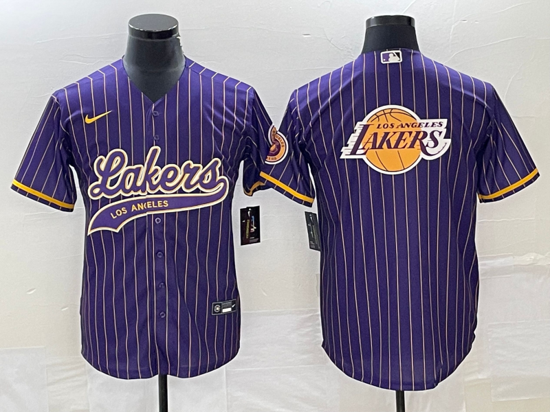 Men's Purple Los Angeles Lakers Team Big Logo Purple Cool Base With Patch Stitched Baseball Jersey Men's Los Angeles Lakers Team Big Logo Cool Base With Patch Stitched Baseball Jersey